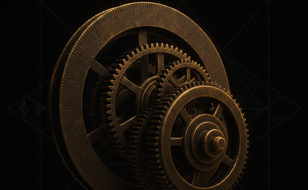 Close-up of the Antikythera Mechanism's bronze gears illustrating its 1,400-year technology gap
