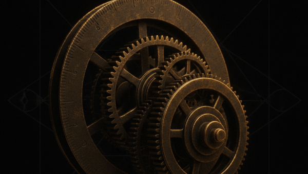 Close-up of the Antikythera Mechanism's bronze gears illustrating its 1,400-year technology gap
