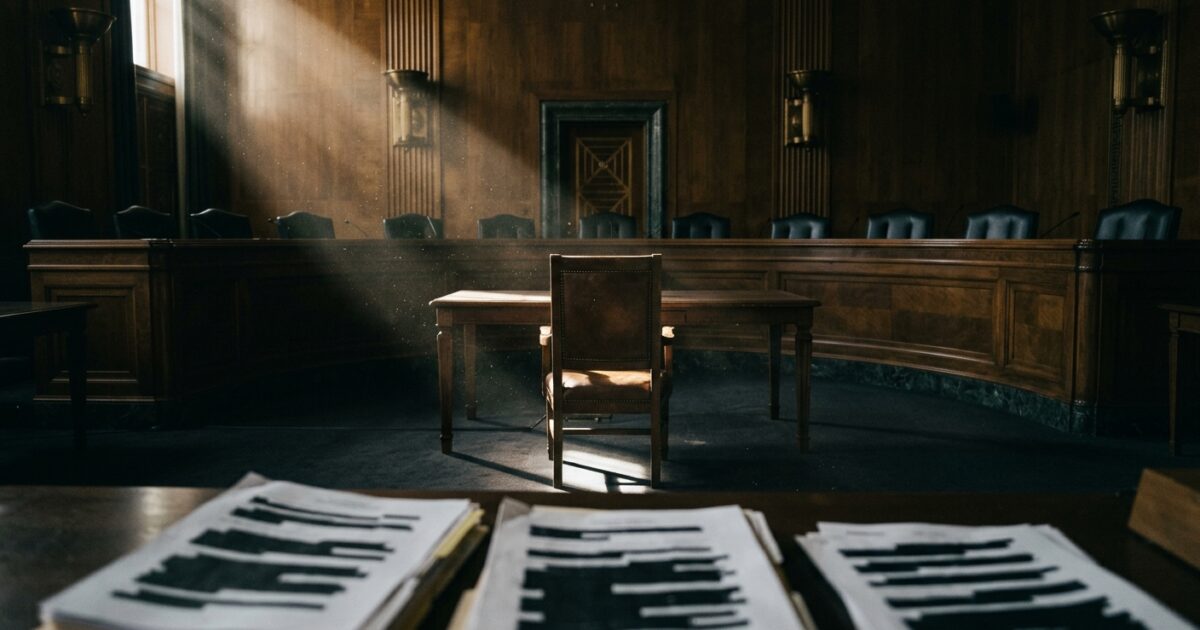 Empty witness chair and redacted document stacks at the MKULTRA congressional hearing room