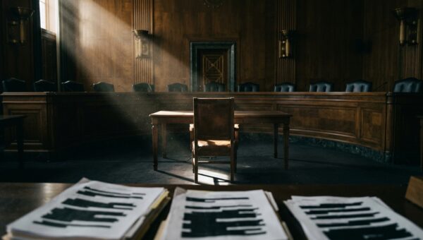 Empty witness chair and redacted document stacks at the MKULTRA congressional hearing room