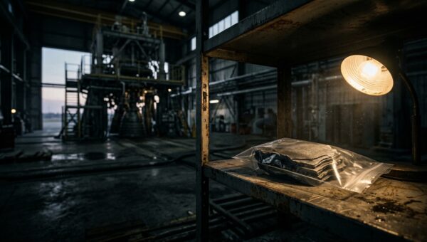 A layered metal fragment in an evidence bag on a shelf inside an aerospace testing hangar near Redstone Arsenal