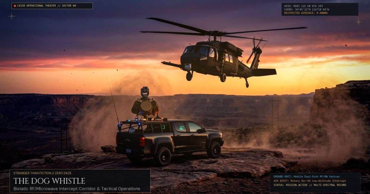 Skywatcher UAP dog whistle concept art: a truck-mounted dual-dish RF and microwave emitter on a desert mesa at sunset, with a helicopter holding low overhead in the dust