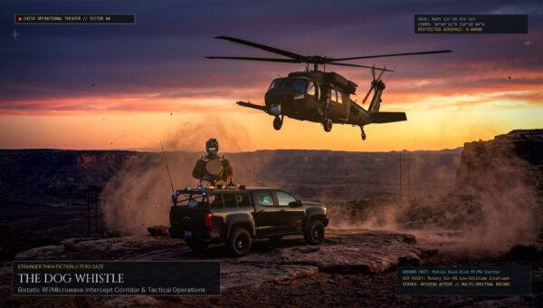 Skywatcher UAP dog whistle concept art: a truck-mounted dual-dish RF and microwave emitter on a desert mesa at sunset, with a helicopter holding low overhead in the dust