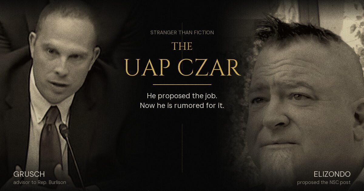 UAP czar artwork showing David Grusch, special advisor to Rep. Eric Burlison, and Luis Elizondo, who proposed the National Security Council post