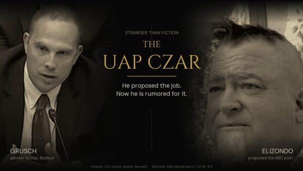 UAP czar artwork showing David Grusch, special advisor to Rep. Eric Burlison, and Luis Elizondo, who proposed the National Security Council post