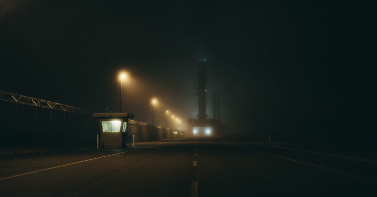 Empty perimeter road and lit entry control point at the Vandenberg UAP report site, fogbound launch complex at night