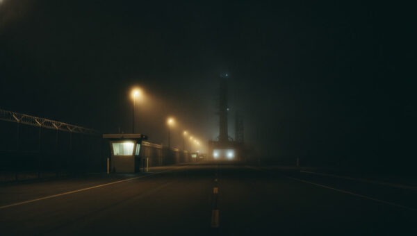 Empty perimeter road and lit entry control point at the Vandenberg UAP report site, fogbound launch complex at night