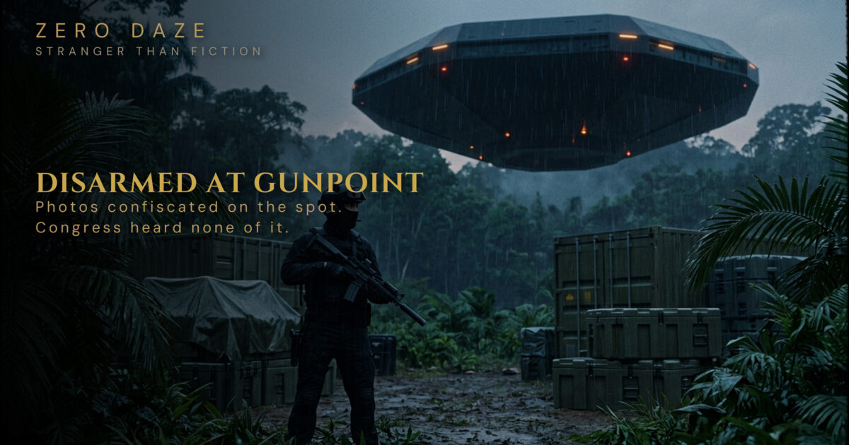 Recreation for the UAP whistleblower hearing story: a masked armed operative guarding cargo containers beneath an octagonal craft over the jungle