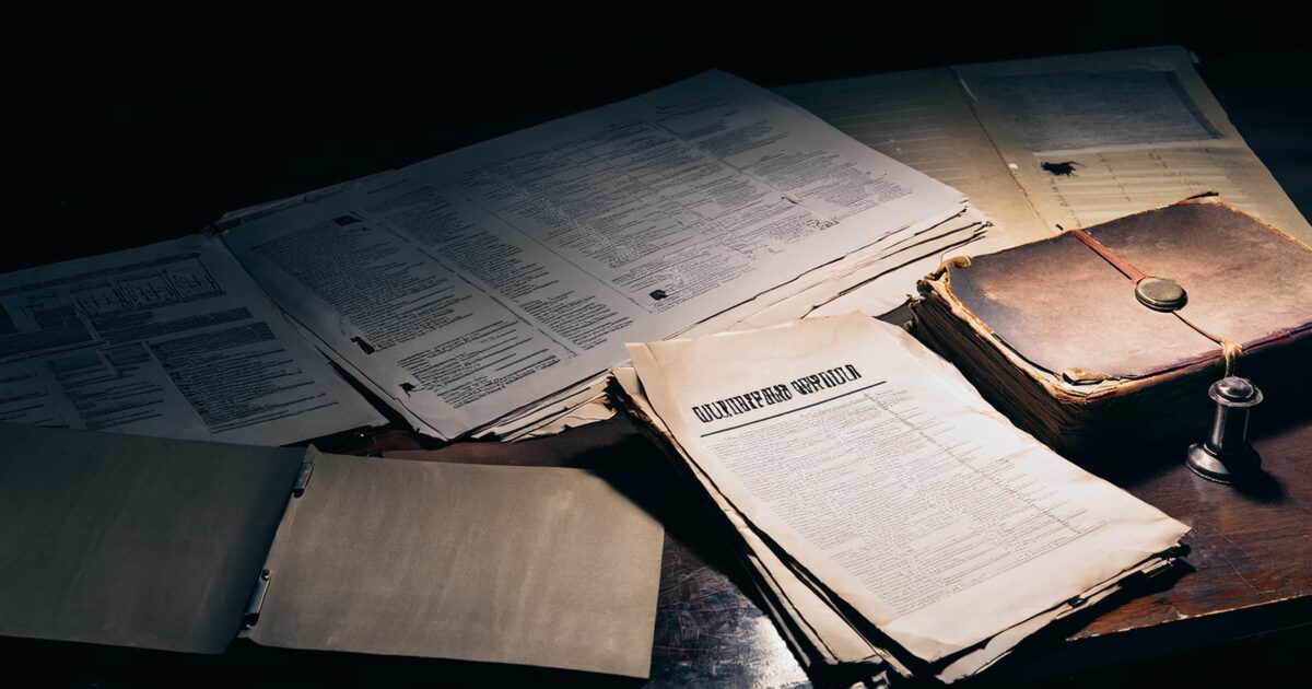 Declassified government documents under lamp light on an archive table, illustrating the seventh UAP release and the BAASS DIA contract files