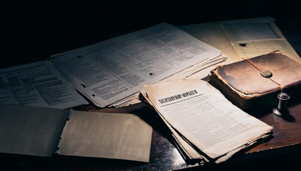 Declassified government documents under lamp light on an archive table, illustrating the seventh UAP release and the BAASS DIA contract files